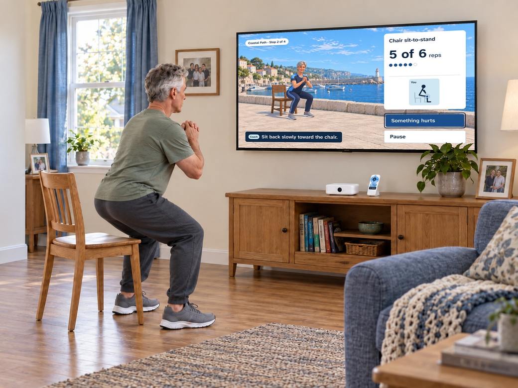A man in his 60s doing a slow chair sit-to-stand in his living room, following the coach on the TV