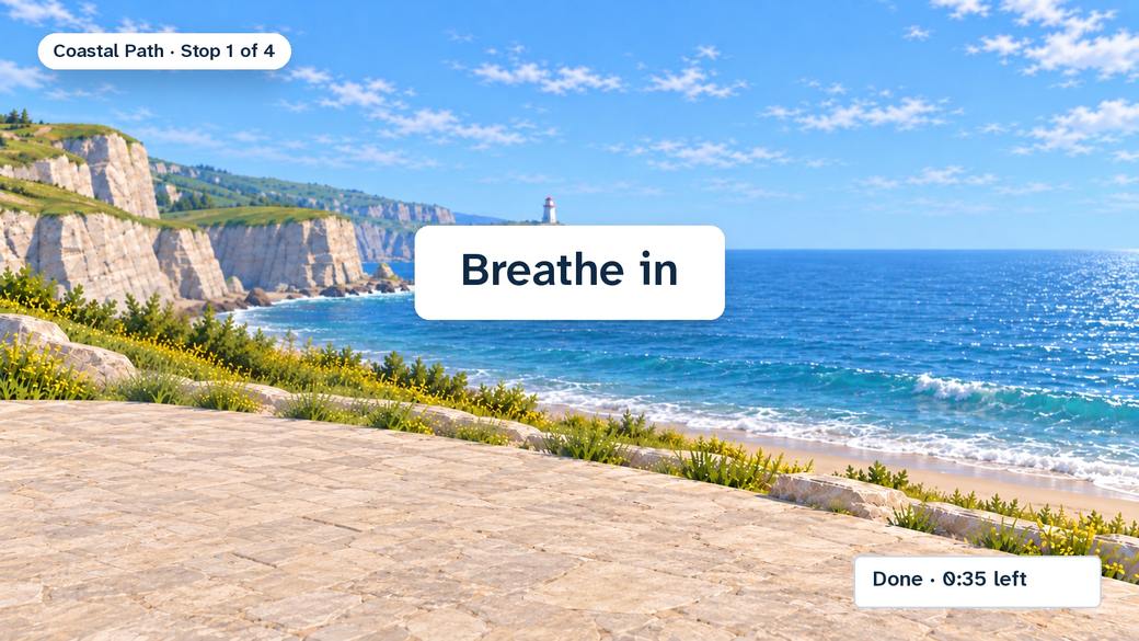 The Everway breathing screen on a TV: a calm shoreline with the words Breathe in